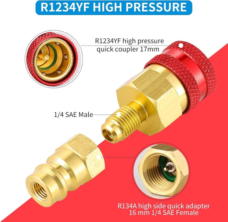 Tigbear R1234YF Quick Coupler Kit, R1234yf to R134a Quick Coupler Adapter, R1234YF High and Low Side Quick Couplers Kit with R134A R12 R22 Valve Core for AC Charging Refrigerant Air Conditioning System - Image 3